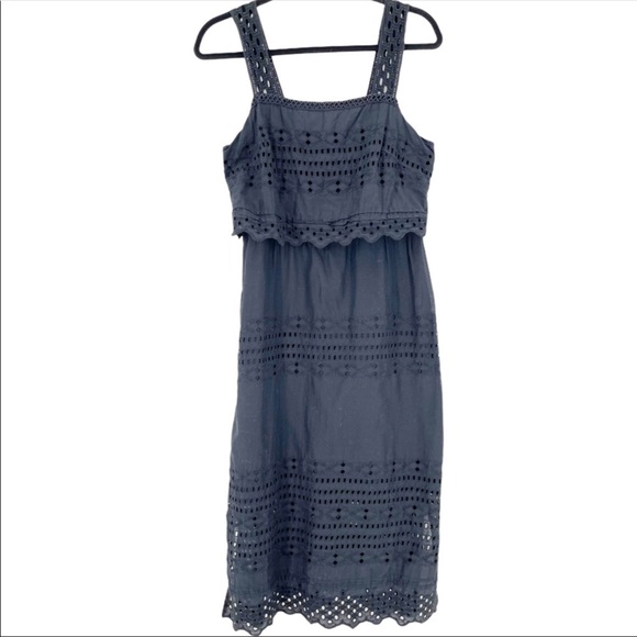 J Crew Women's Sleeveless Tiered Eyelet Square Neck Cotton Midi Dress Black 4 - Picture 4 of 8